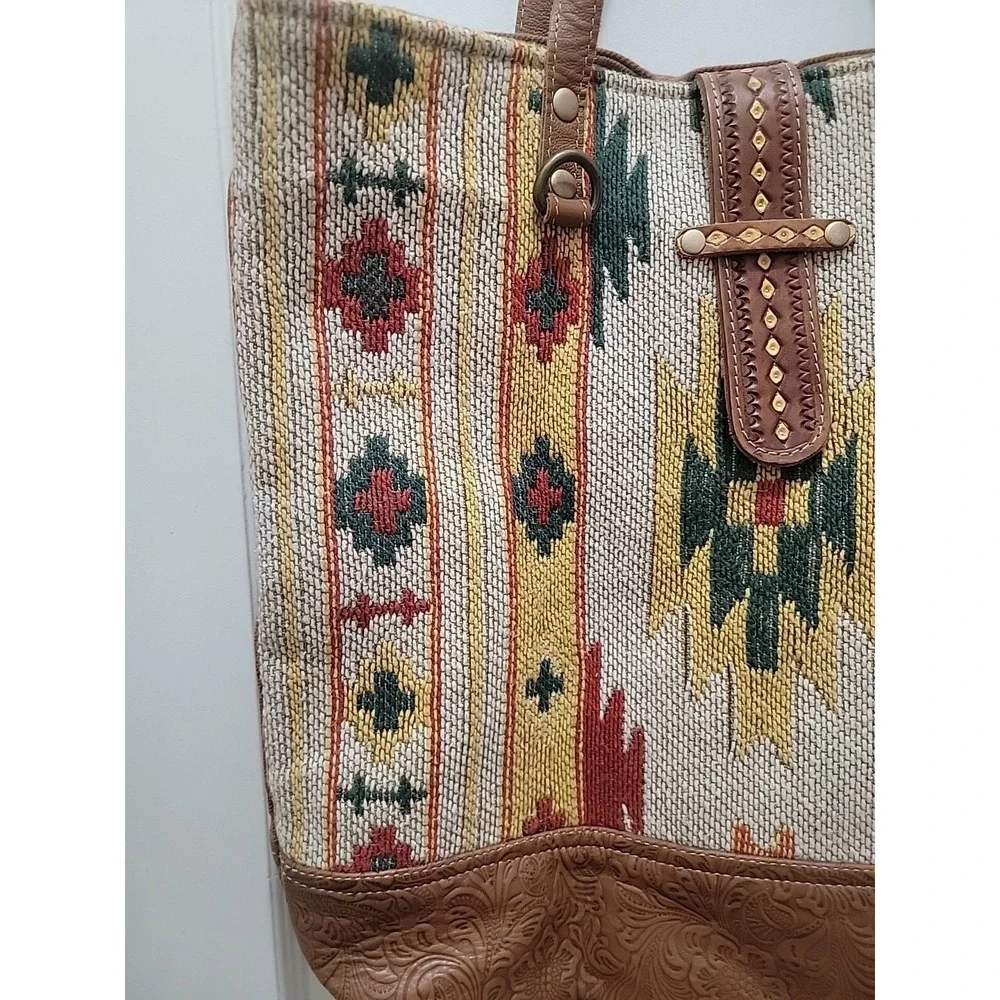 Myra Bag Upcycled Tote Large Purse Repurposed Boho Chic Canvas & Leather